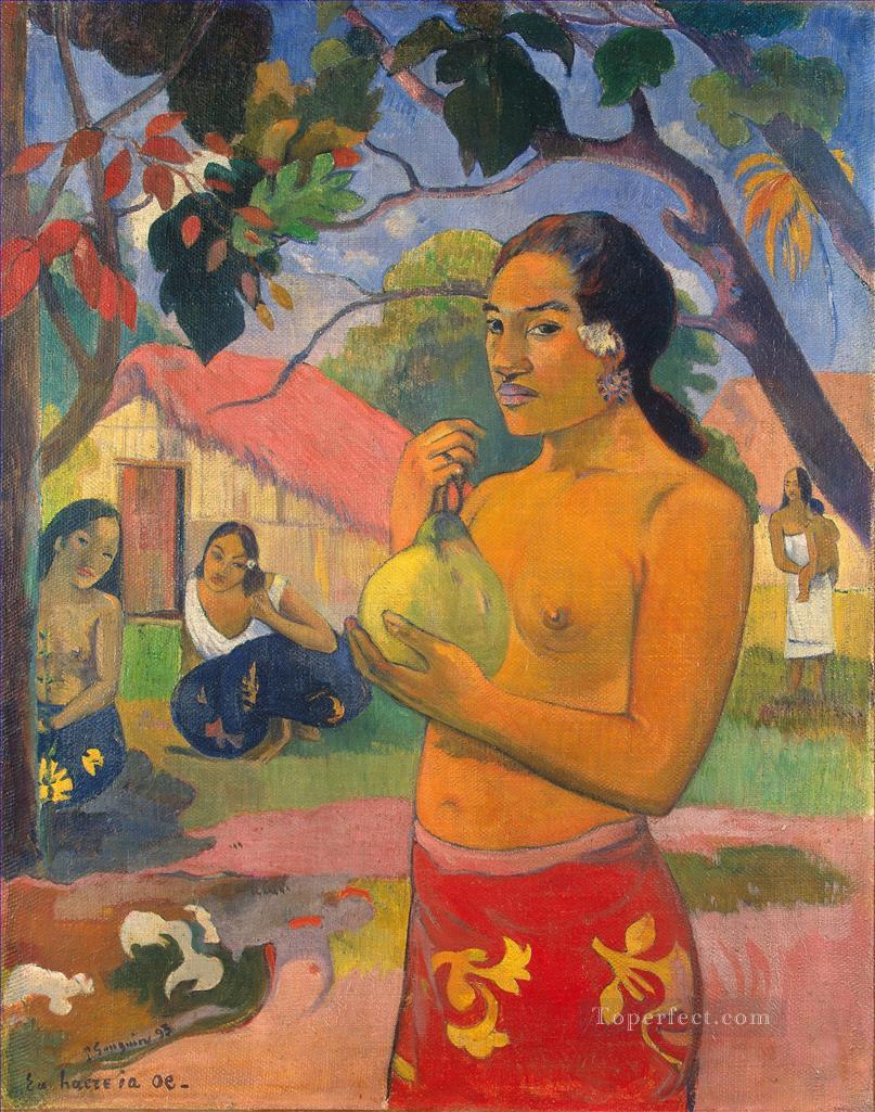 Eu haere ia oe Mujer sosteniendo una fruta Postimpresionismo Primitivismo Paul Gauguin Pintura al óleo